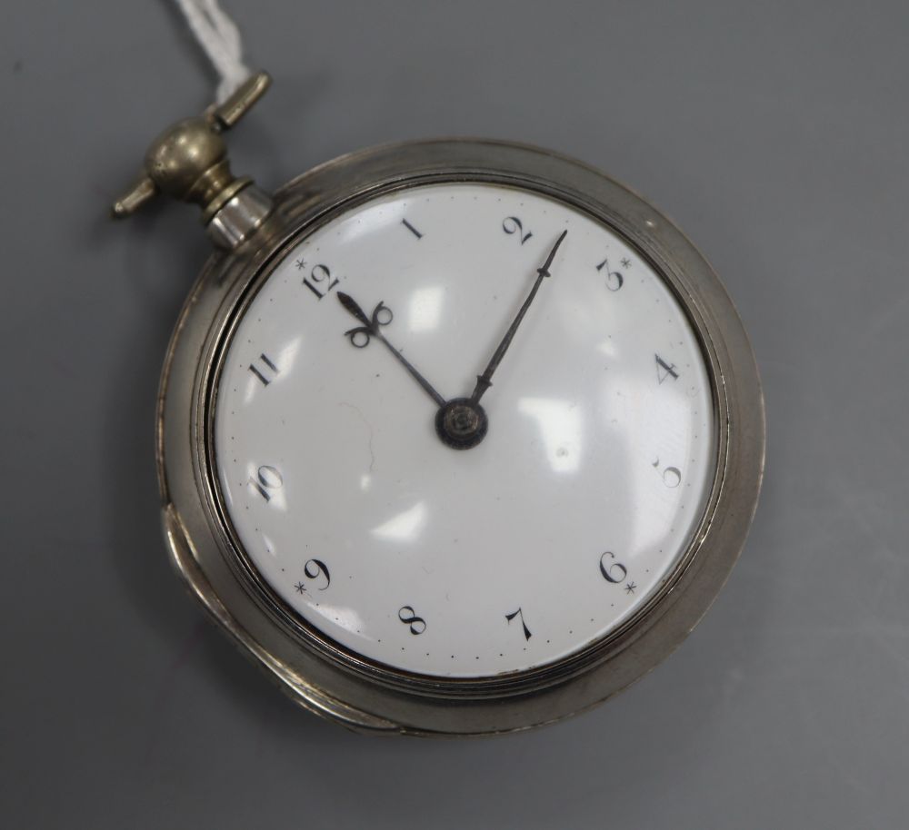 A George III silver pair cased keywind verge pocket watch by Joseph Gatwood, Tonbridge, with Arabic dial, the signed movement numbered